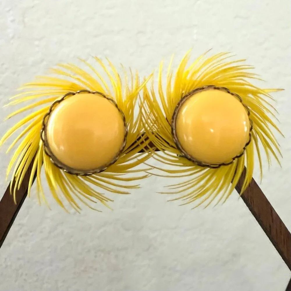 Vintage Yellow Feather Fringe Clip-On Earrings Bold Swirl Statement